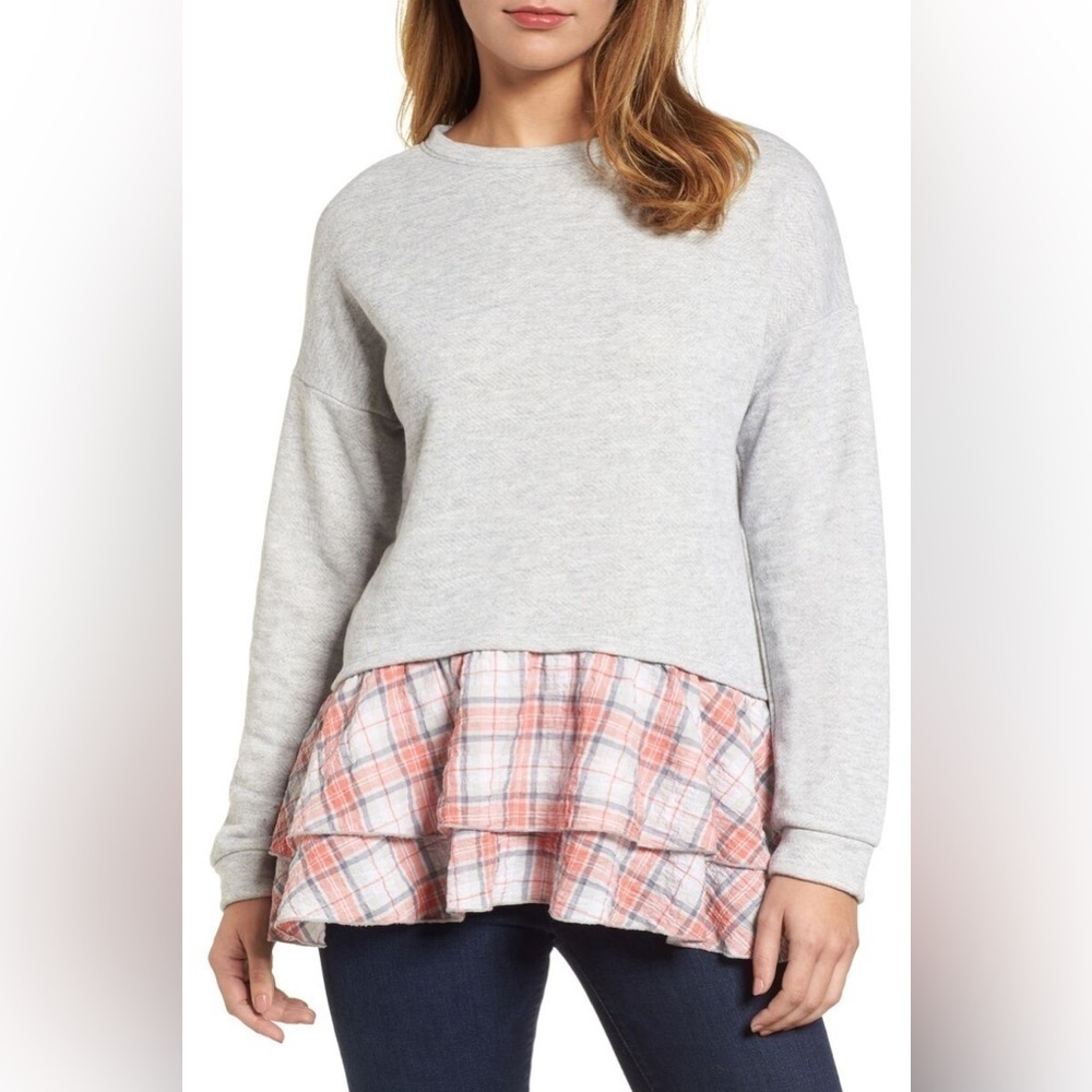 Caslon size small sweatshirt mixed print ruffle hem pink plaid top gray